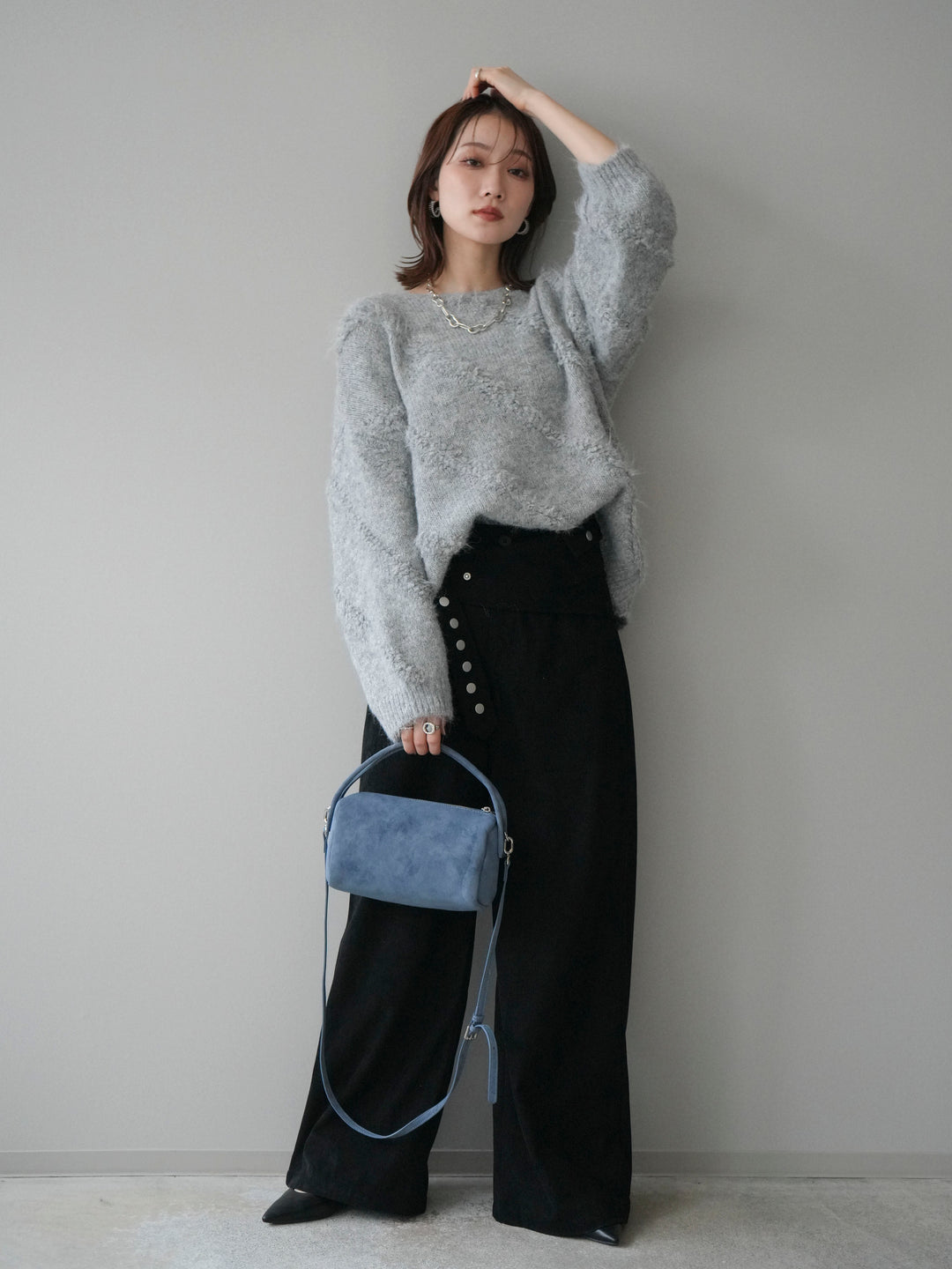 [予約]ブークレラインデザインニットプルオーバー/gray