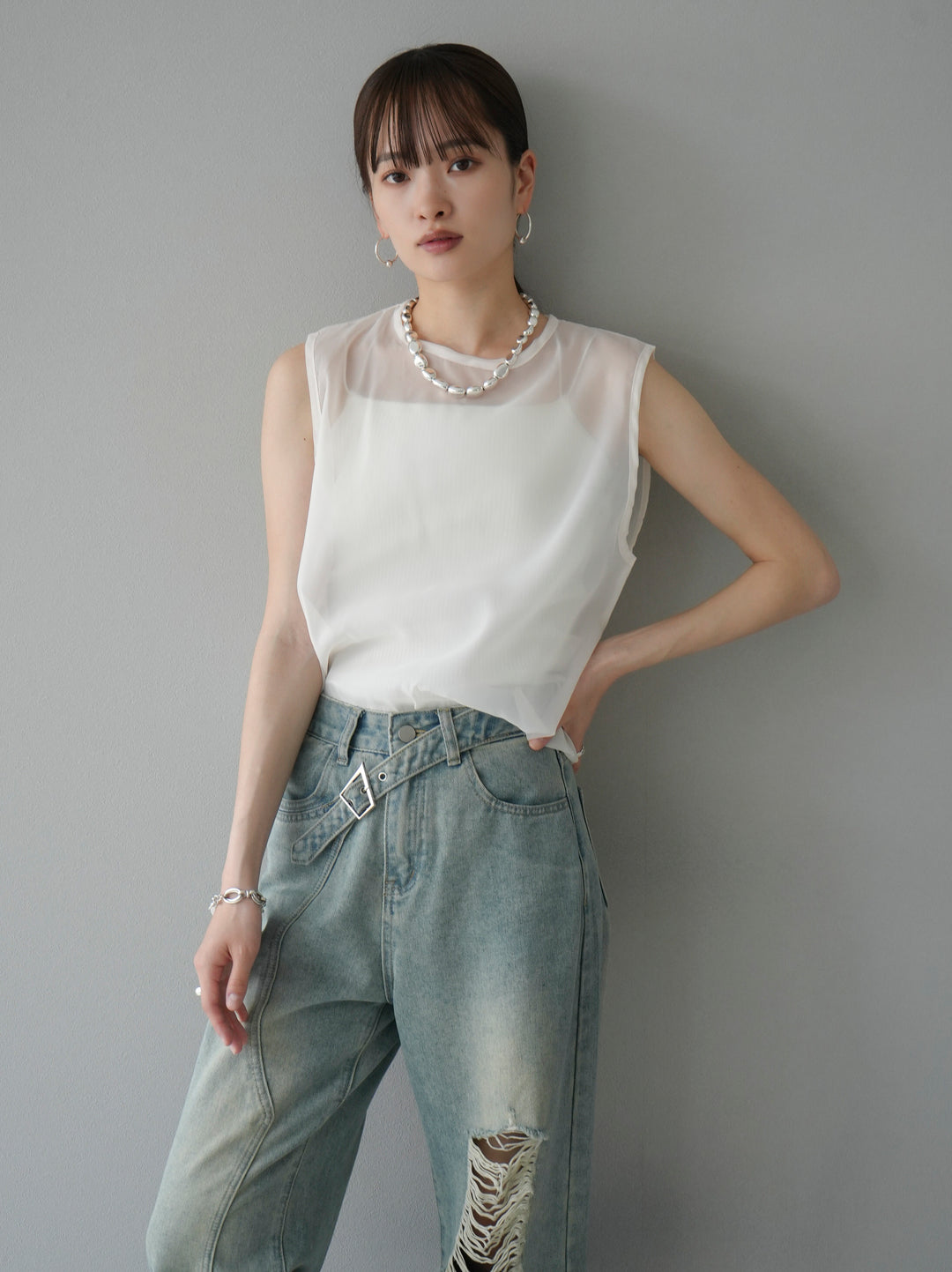 [SET] Organdy sleeveless top + belt asymmetrical damaged denim (2set)