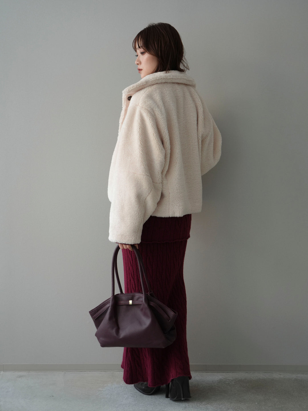 [SET]エコファーステンカラージャケット+ストール付ケーブルニットプルオーバー&ロングスカートSET UP(2set)