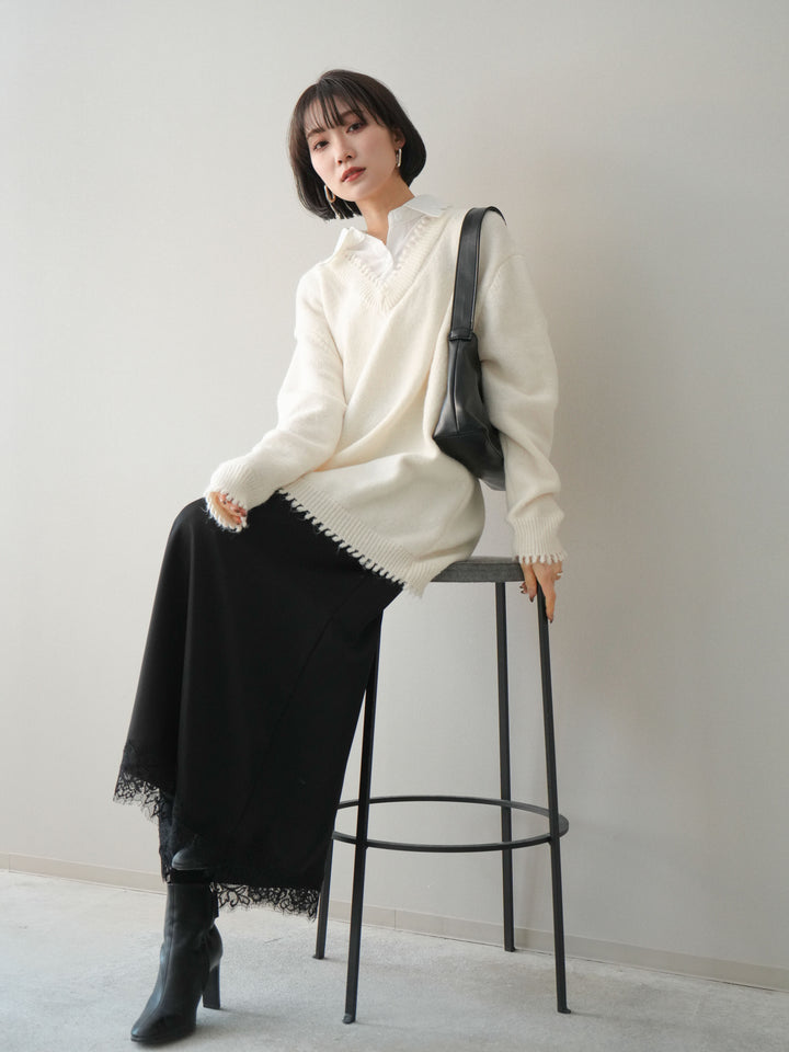 [SET]シャツドッキングVネックフリンジニットプルオーバー+選べるアクセセット(2set)