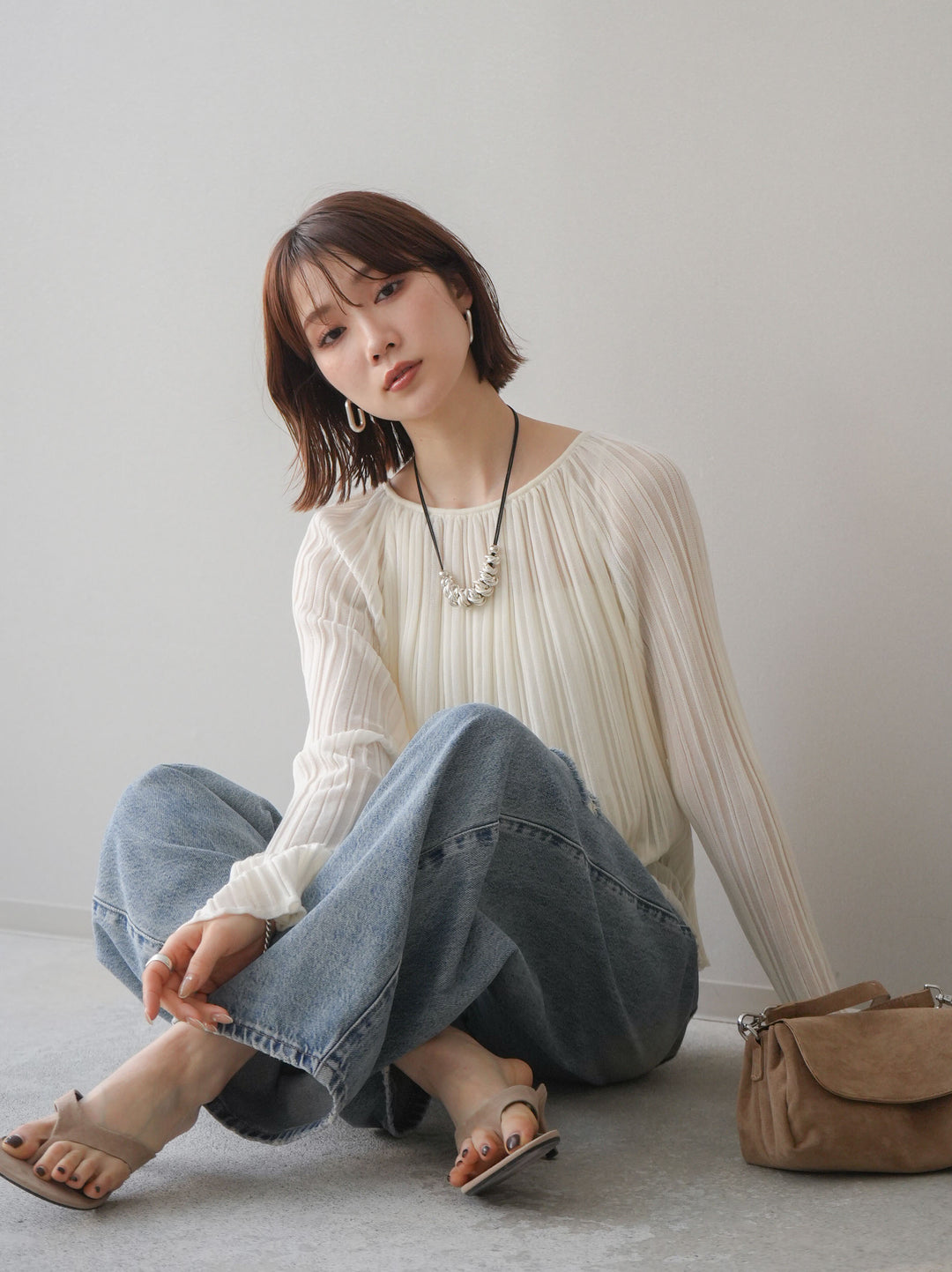 [SET]プリーツシアーフレアスリーブニットトップス+選べるアクセセット(2set)