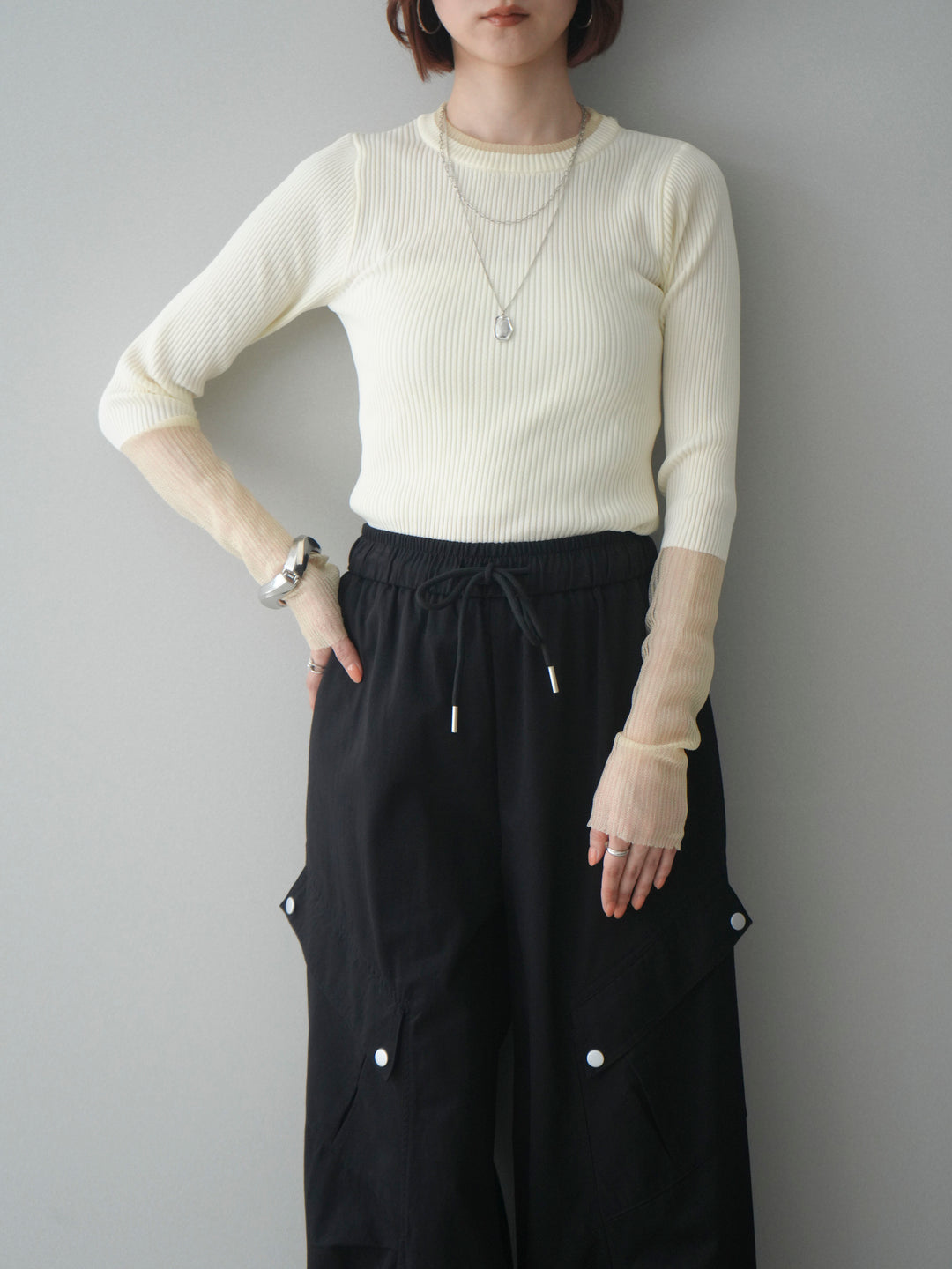 [SET]リブラメシアー切替リブニットトップス+リブラメシアー切替リブニットトップス(2set)