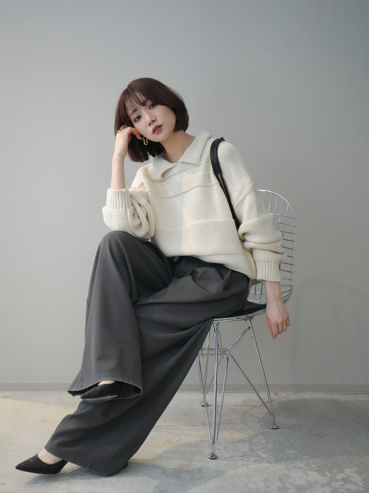 [予約]襟付きボーダー編みニットプルオーバー/ivory