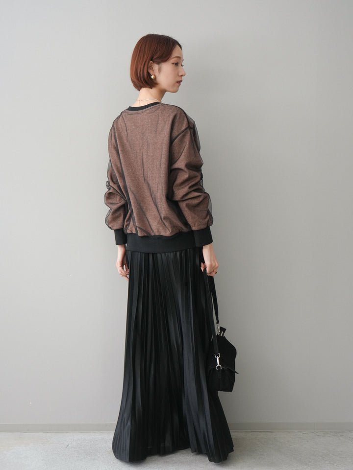 [SET]チュールレイヤードロゴスエットプルオーバー+サテンプリーツマキシスカート(2set)