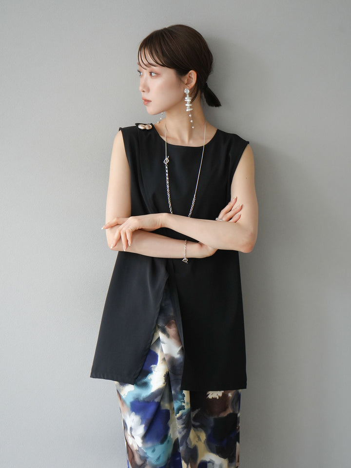 [SET] Layered design vest + watercolor print tuck I-line skirt (2set)