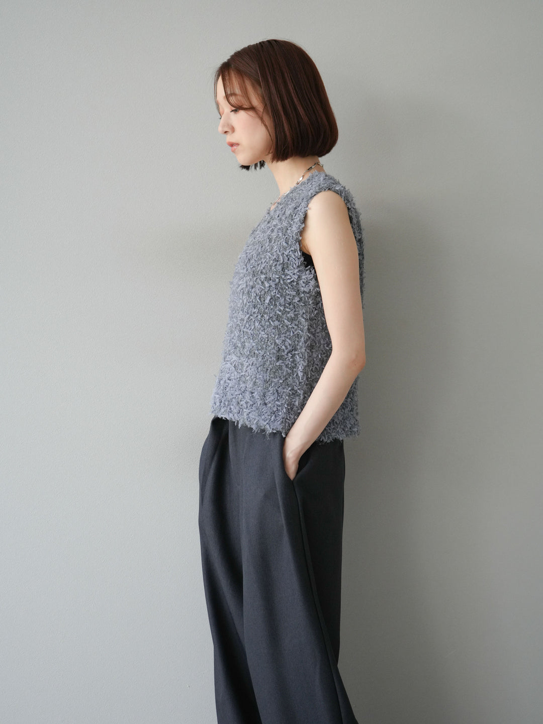 [予約]テープヤーンフリンジニットベスト/グレー