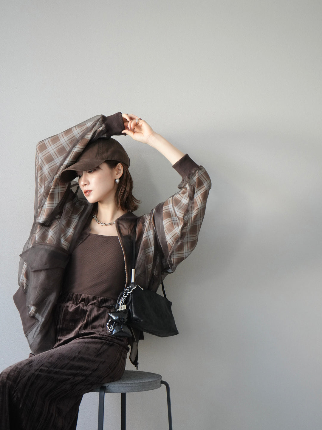 [預購] 格紋薄紗對接外套/棕色