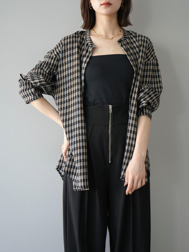 [予約]チェック柄2WAYスリーブバンドカラーシャツ/ベージュブラック