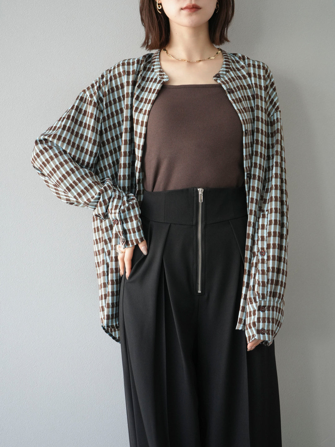 [予約]チェック柄2WAYスリーブバンドカラーシャツ/ブルーブラウン
