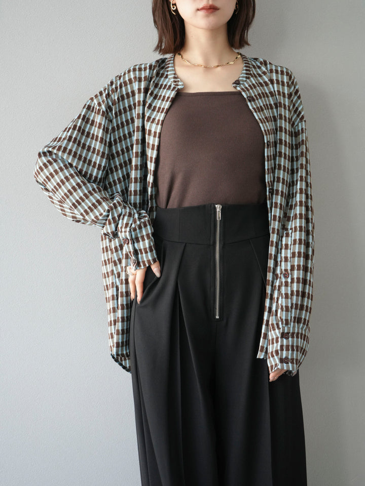 [予約]チェック柄2WAYスリーブバンドカラーシャツ/ブルーブラウン