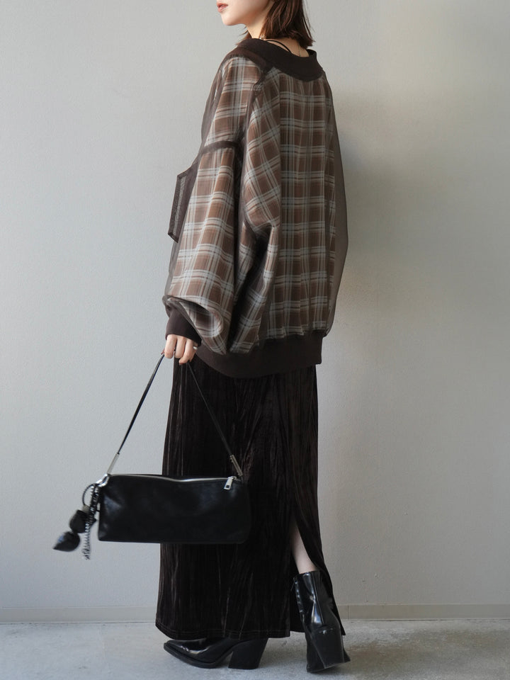 [SET]チェックチュールドッキングブルゾン+クラッシュベロアナロースカート(2set)