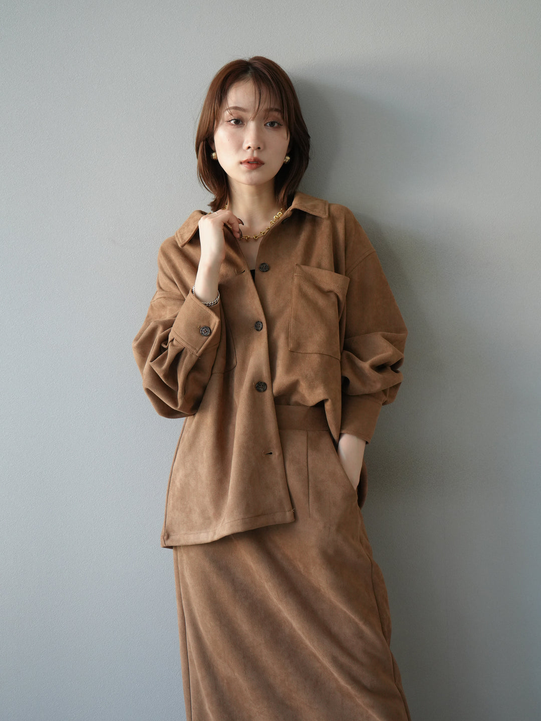 [SET]スエードシャツジャケット+スエードタイトスカート(2set)