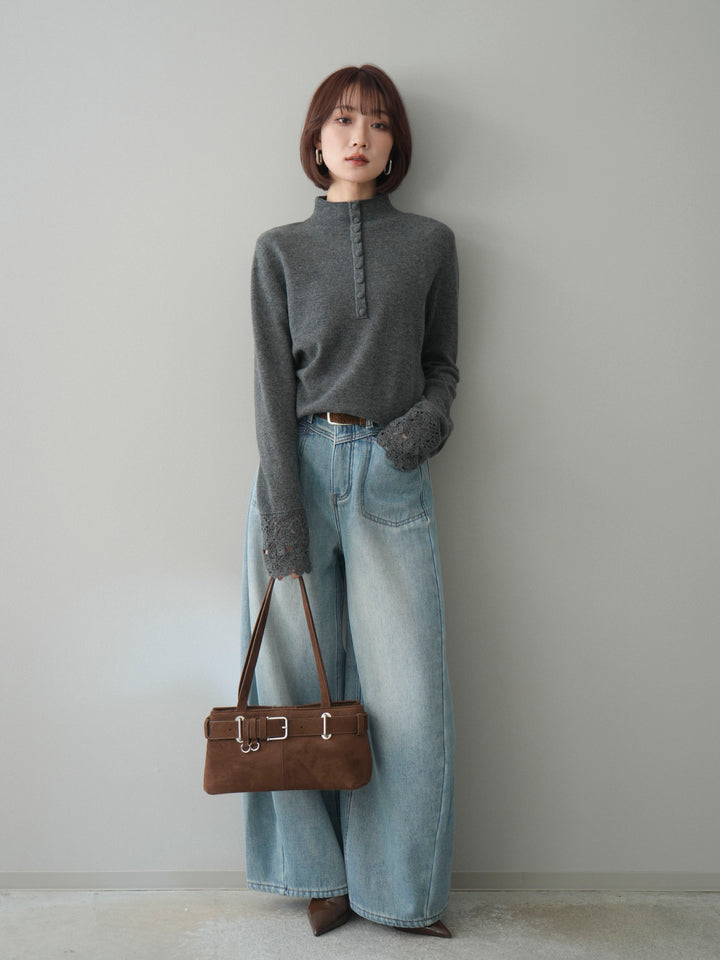 [予約]袖スカラップレースフロントボタンウールニットトップス/gray