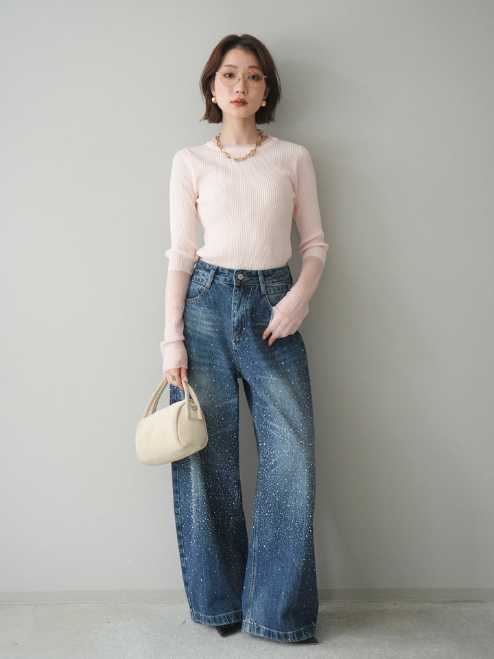 [SET]リブラメシアー切替リブニットトップス+ラインストーンカーブデニムパンツ(2set)