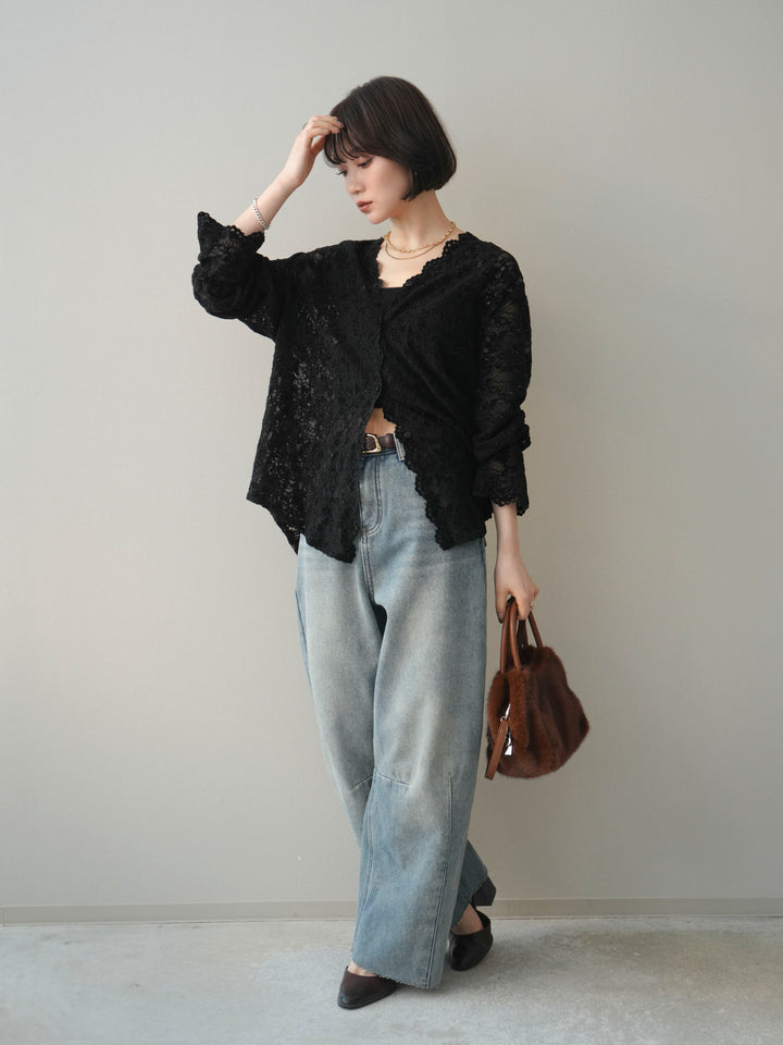 [SET]Vネックレースブラウス+裏起毛カットオフカーブデニムパンツ(2set)