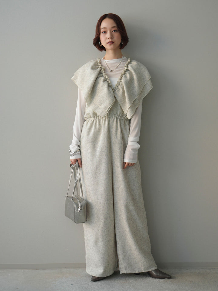 [SET]3WAYミックスツイードギャザーオールインワン+シアープチネックストレッチトップス(2set)