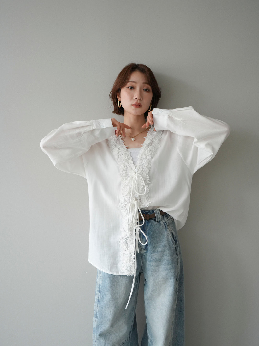 [SET]レースフロントリボンブラウス+サイドベルトワイドカーブデニム(2set)