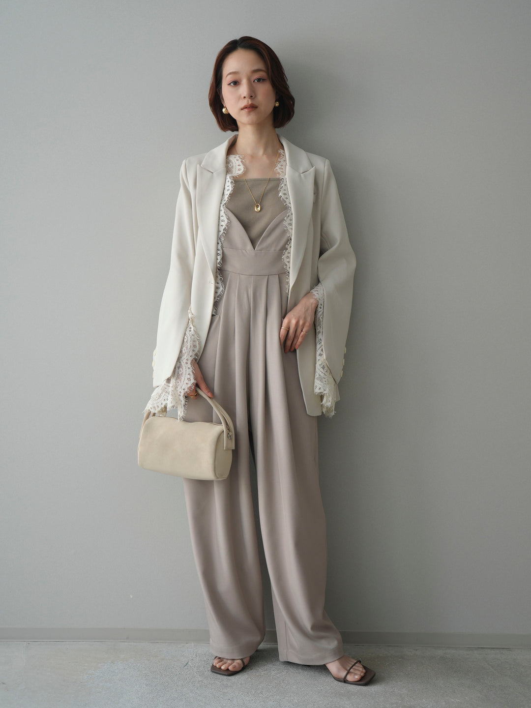 [SET]レースレイヤードスリットジャケット+バックデザインサロペット(2set)