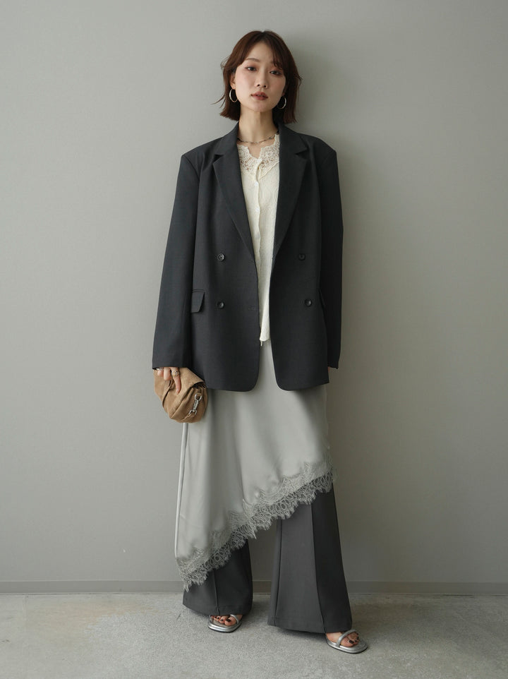 [SET]ダブルブレストオーバージャケット+レースネックジャガードニットカーディガン+サテンライクアシメレーススカート+センターシームフレアパンツ(4set))