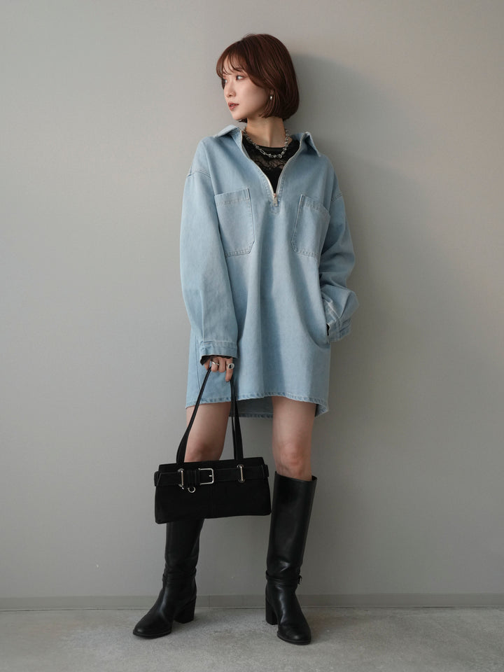 [SET]ハーフジップデニムミニワンピース+チュールレーストップス(2set)