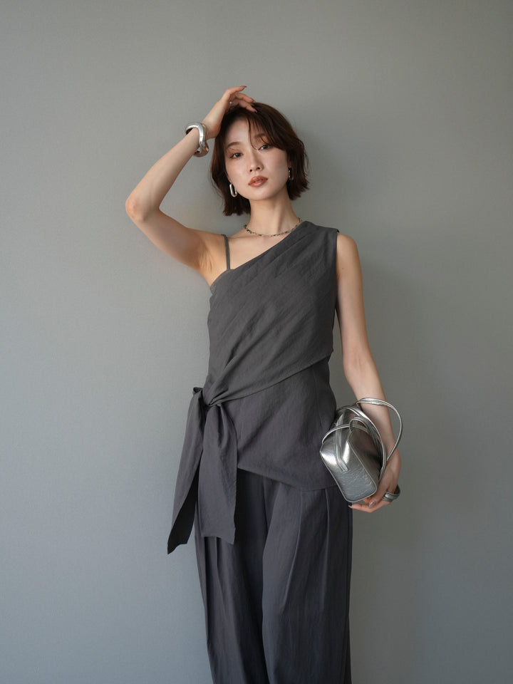 【套裝】單肩上衣+裹身褶皺闊腿褲（兩件套）