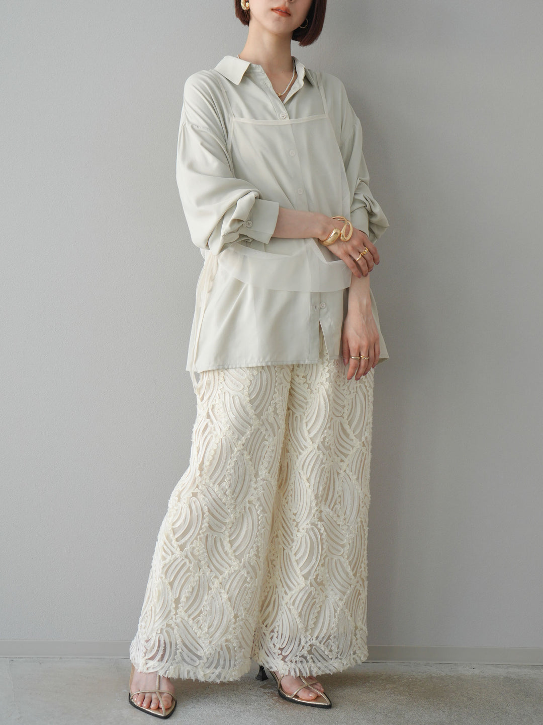 【預購】透視提花寬褲/象牙白