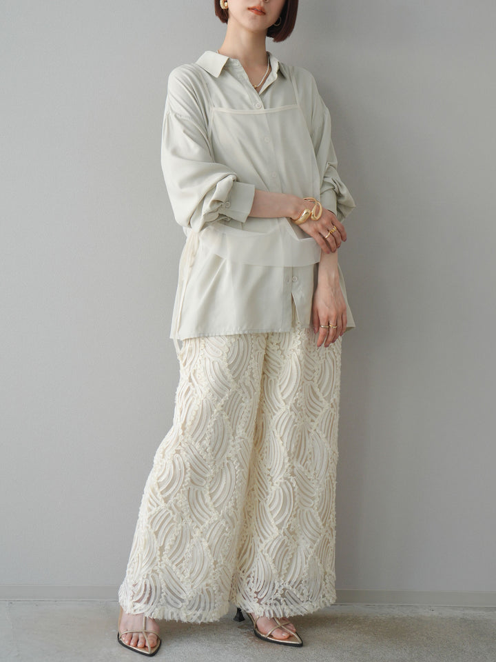 【預購】透視提花寬褲/象牙白