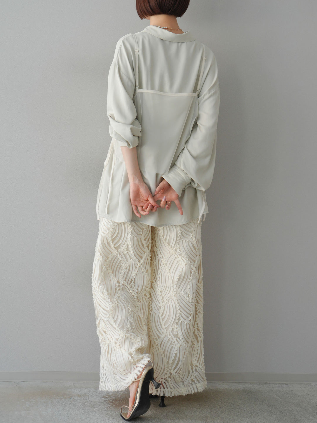 【預購】透視提花寬褲/象牙白