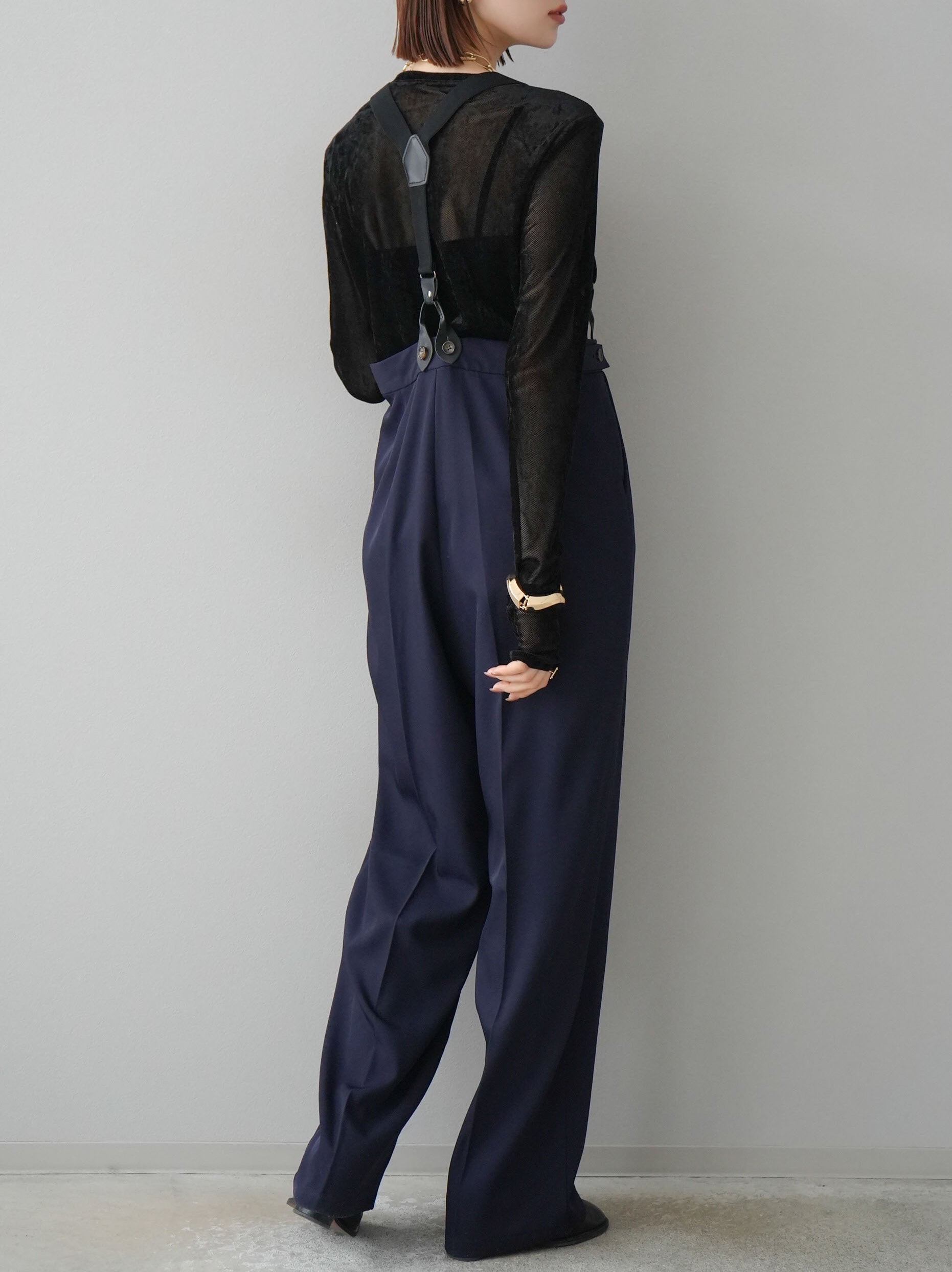Loin サスペンダー付きワイドパンツ ネイビー 予約]サスペンダー付きツイルパンツ/ネイビー – Lumier
