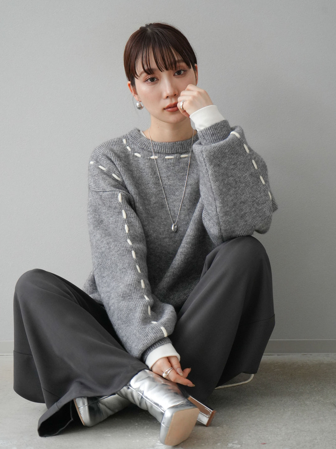 [預訂] 針織設計套頭衫/灰色