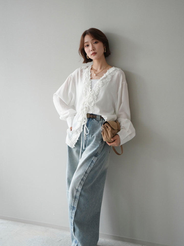 [SET]レースフロントリボンブラウス+サイドベルトワイドカーブデニム(2set)