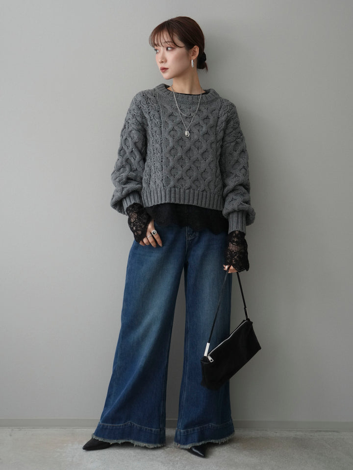 【着回しセット】[SET]バルキーケーブルクロップドニットプルオーバー+アンゴラタッチクルーネックニットプルオーバー+チュールレーストップス(3set)