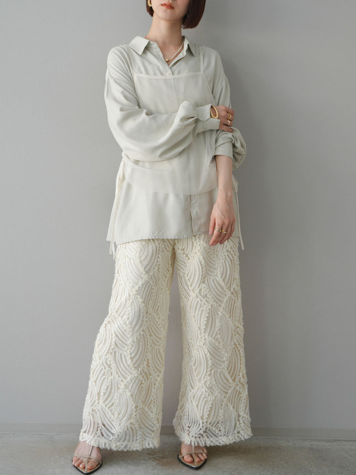 【預購】透視提花寬褲/象牙白