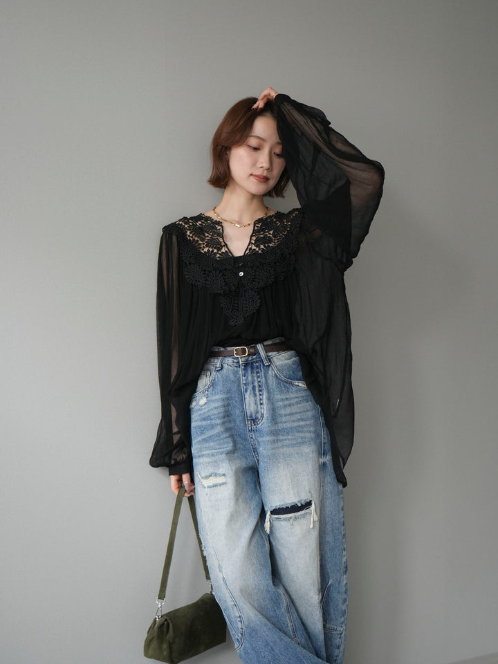 [予約]レースディテールシアーブラウス/black