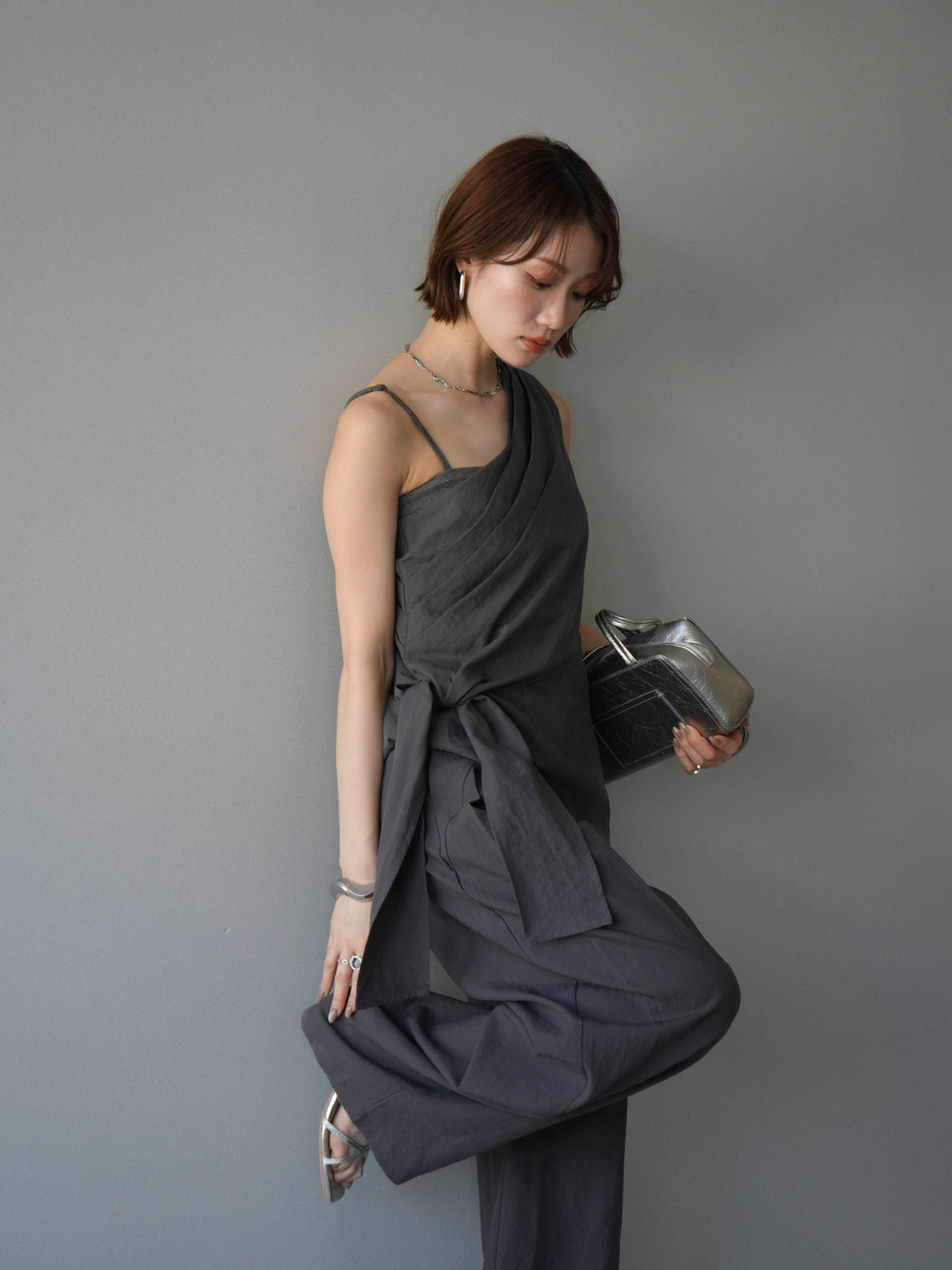 【套裝】單肩上衣+裹身褶皺闊腿褲（兩件套）