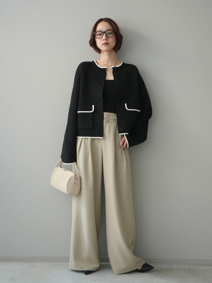 [SET]ポリエステル配色ニットカーディガン+ウエストレースタックワイドパンツ(2set)