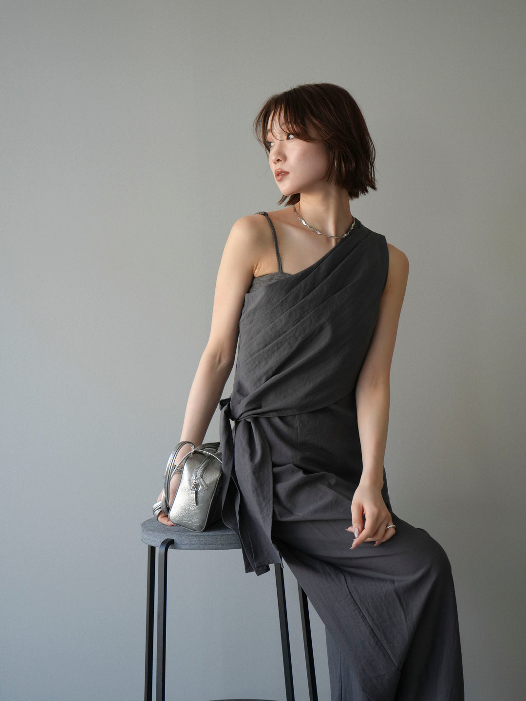 【套裝】單肩上衣+裹身褶皺闊腿褲（兩件套）