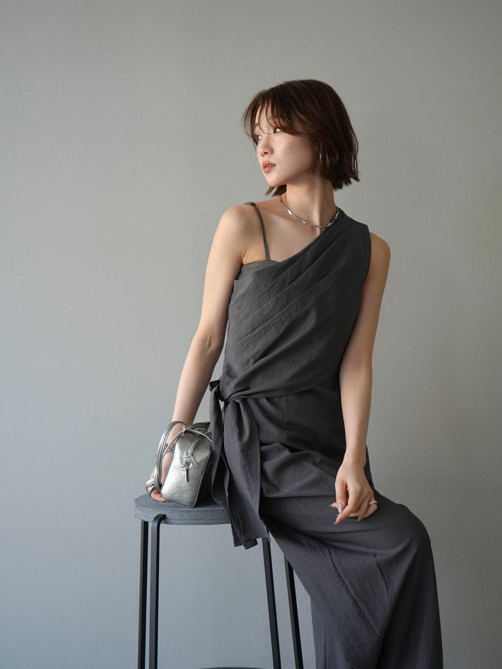 【套裝】單肩上衣+裹身褶皺闊腿褲（兩件套）