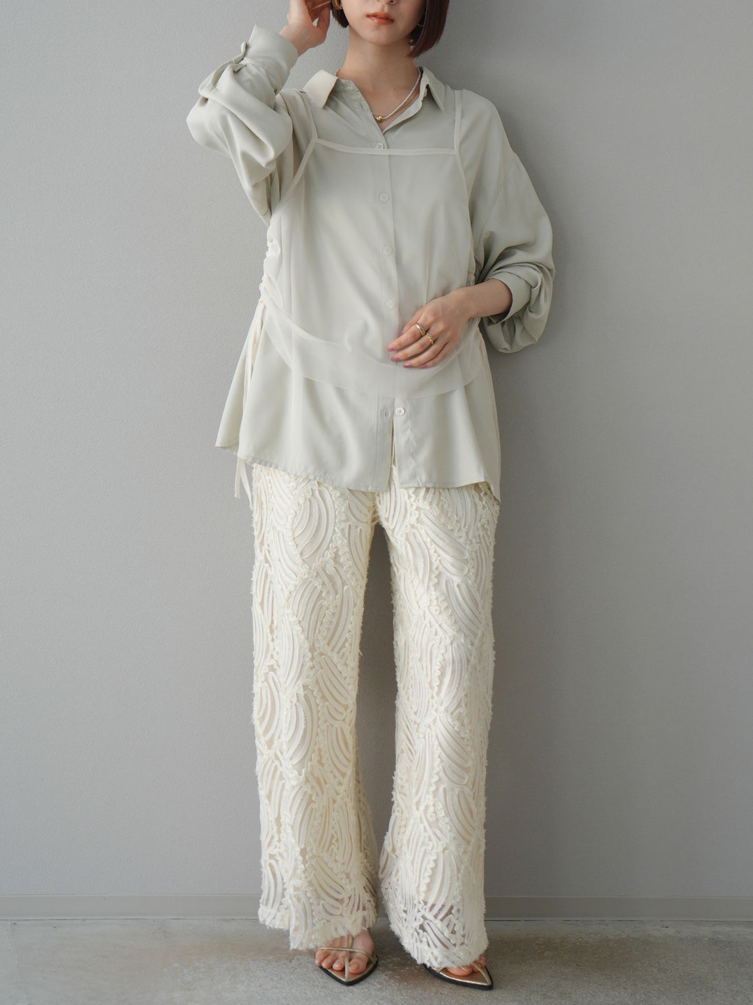 【預購】透視提花寬褲/象牙白