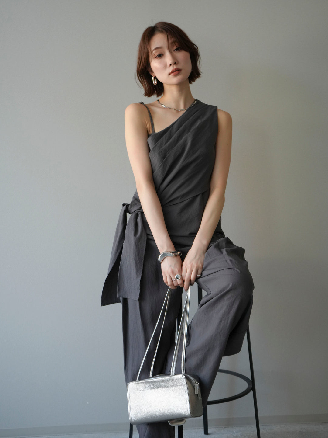 【套裝】單肩上衣+裹身褶皺闊腿褲（兩件套）