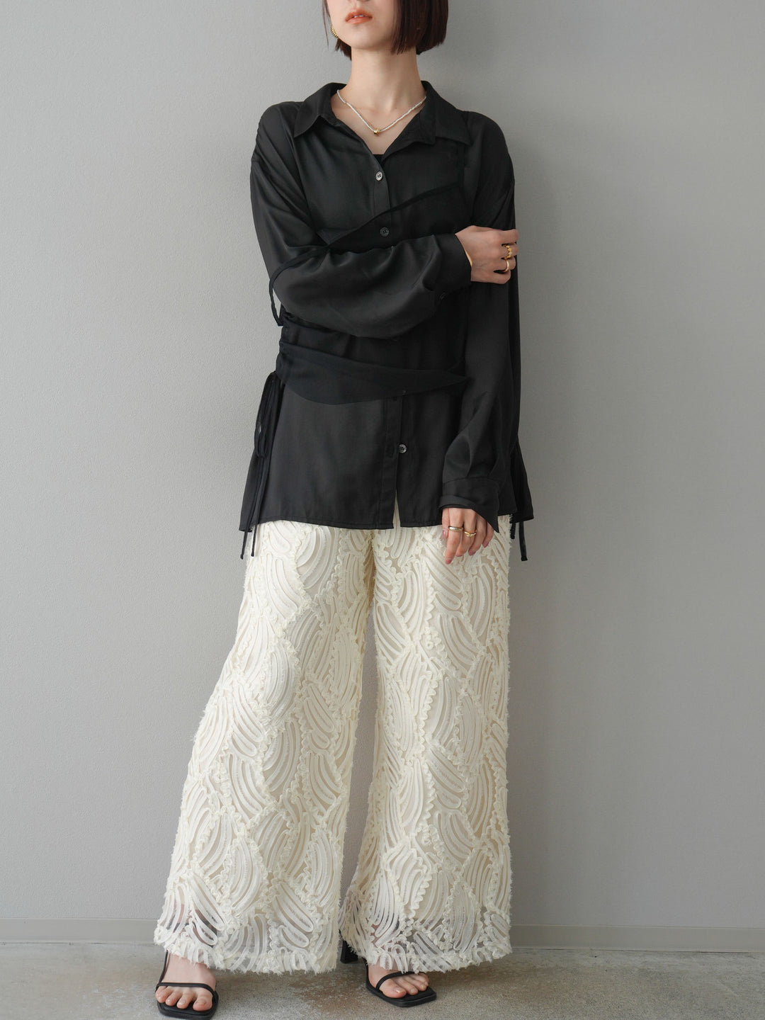 【預購】透視提花寬褲/象牙白