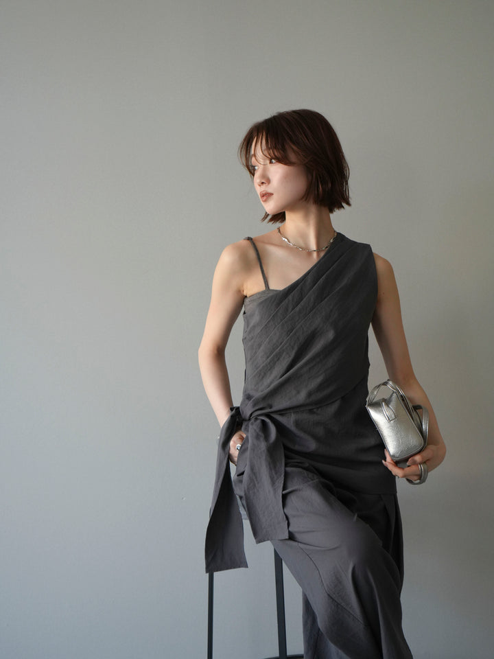 【套裝】單肩上衣+裹身褶皺闊腿褲（兩件套）