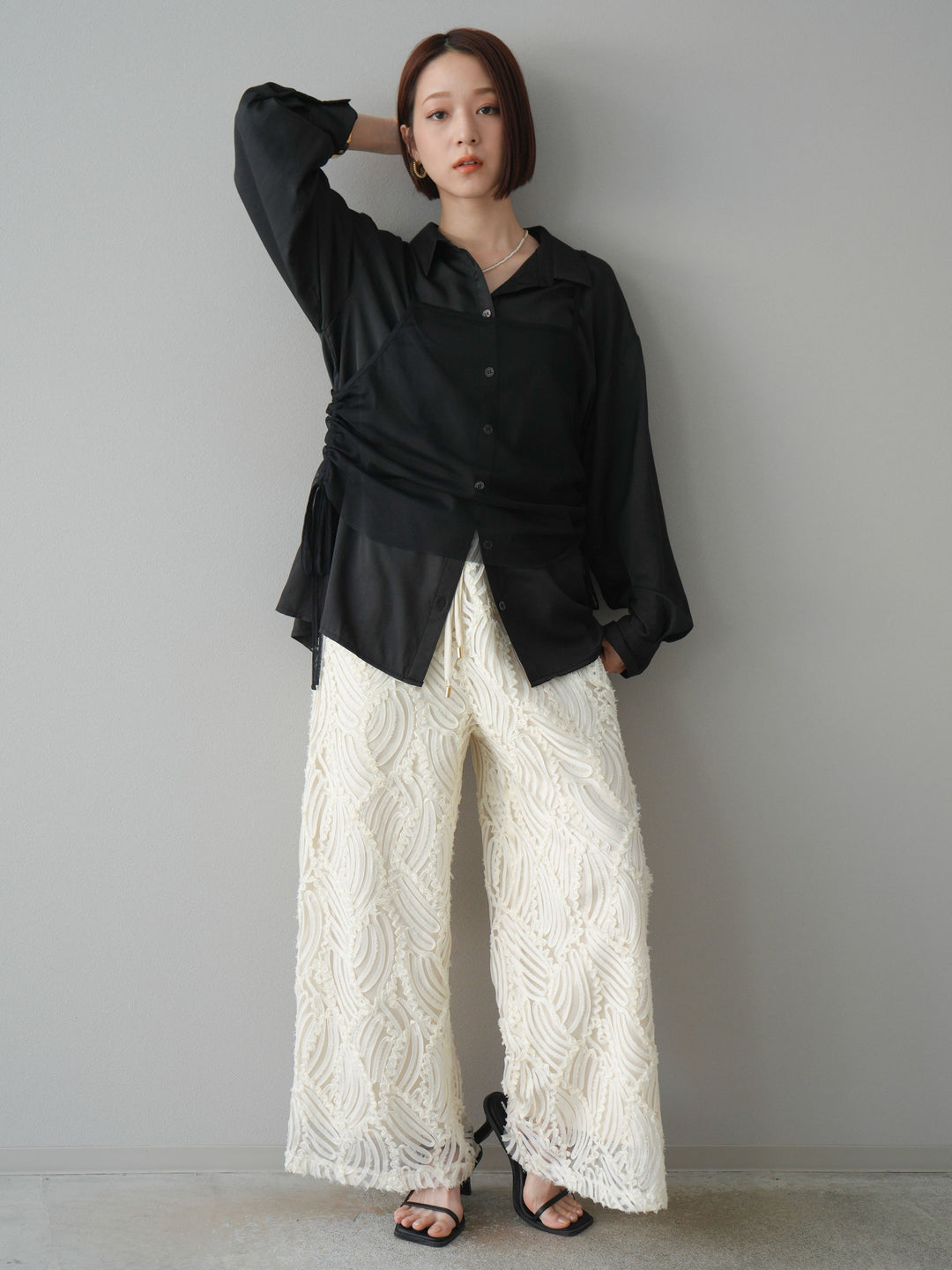 【預購】透視提花寬褲/象牙白