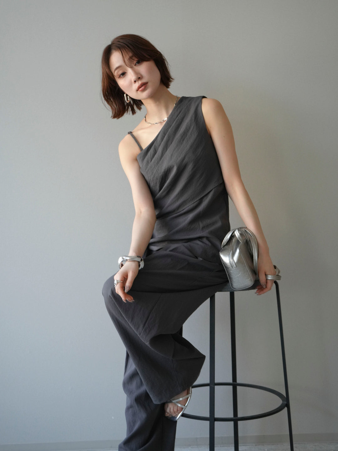 【套裝】單肩上衣+裹身褶皺闊腿褲（兩件套）