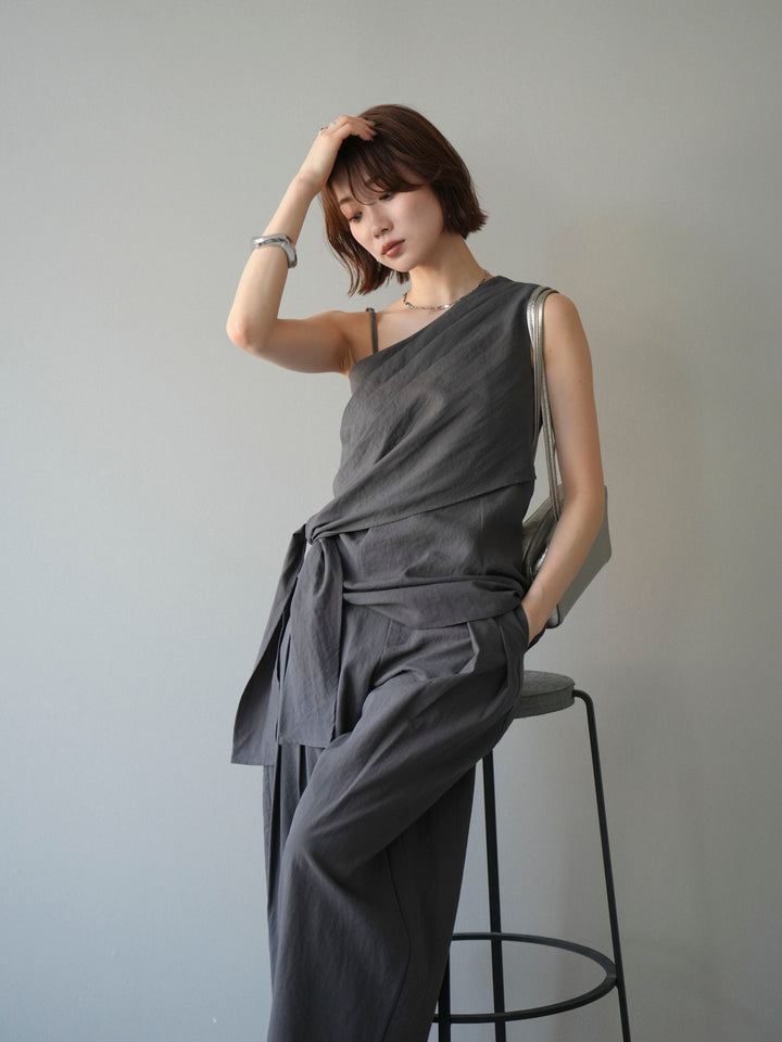 【套裝】單肩上衣+裹身褶皺闊腿褲（兩件套）