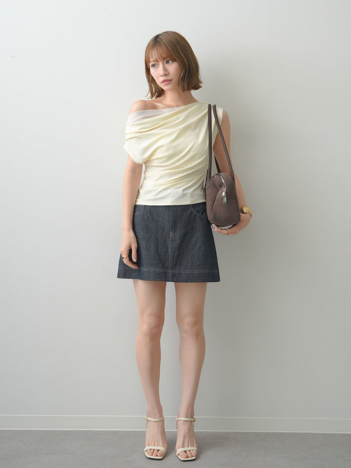 [予約]ペチ付デニムミニスカート/navy