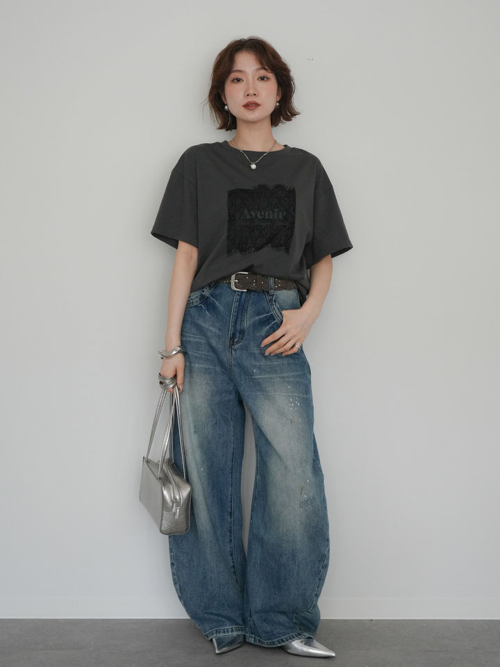 [予約]ベルト付ペイント加工カーブデニムパンツ/blue