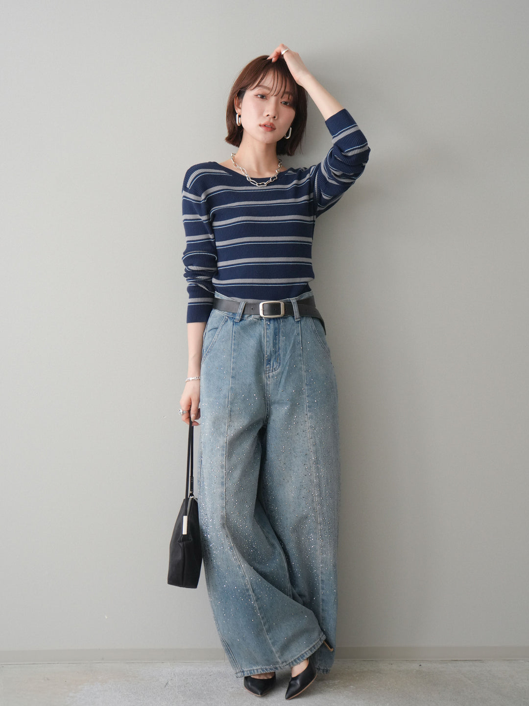 [予約]フロントビジューカーブデニムパンツ/lightblue