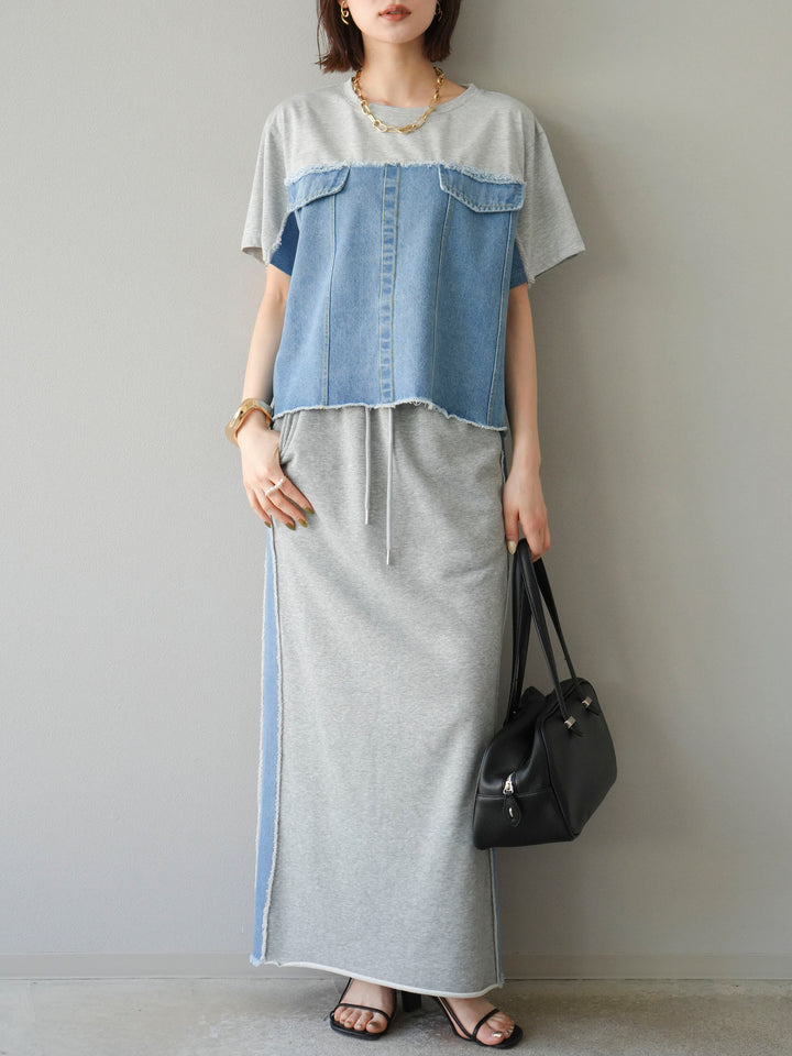 [予約]デニムドッキングスウェットスカート/グレー