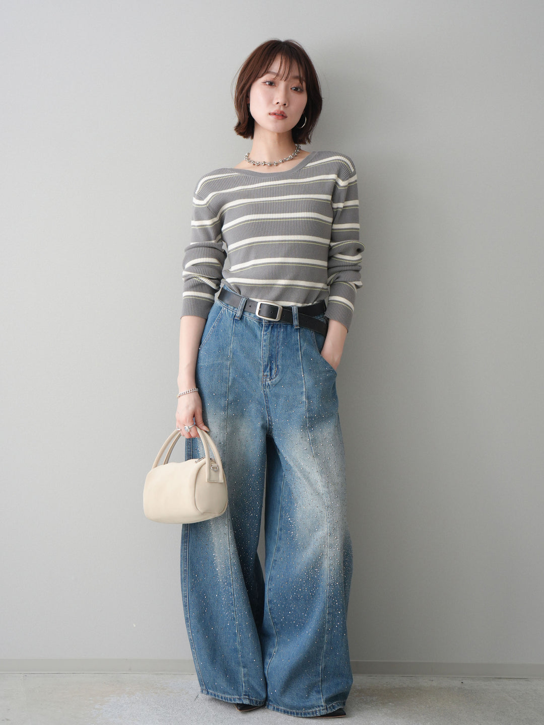 [予約]フロントビジューカーブデニムパンツ/blue